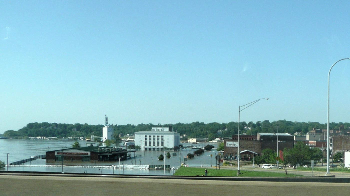 The Burlington, Iowa waterfront flooded after temporary barriers failed, June 2019.