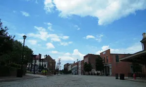 Historic brick buildings along a quiet downtown street in Petersburg, Virginia. The 19th-century storefronts are largely intact, with few signs of recent investment.