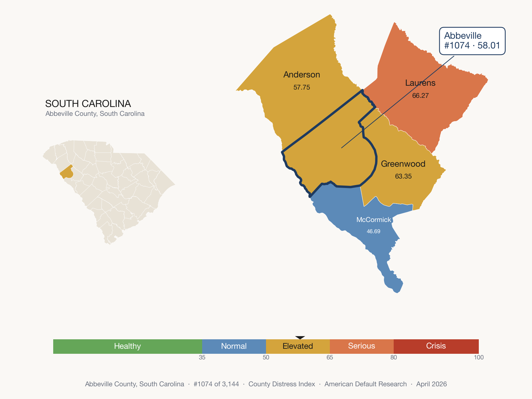 County Distress Index cluster map. Abbeville County, South Carolina and its neighbors colored by distress fifth.