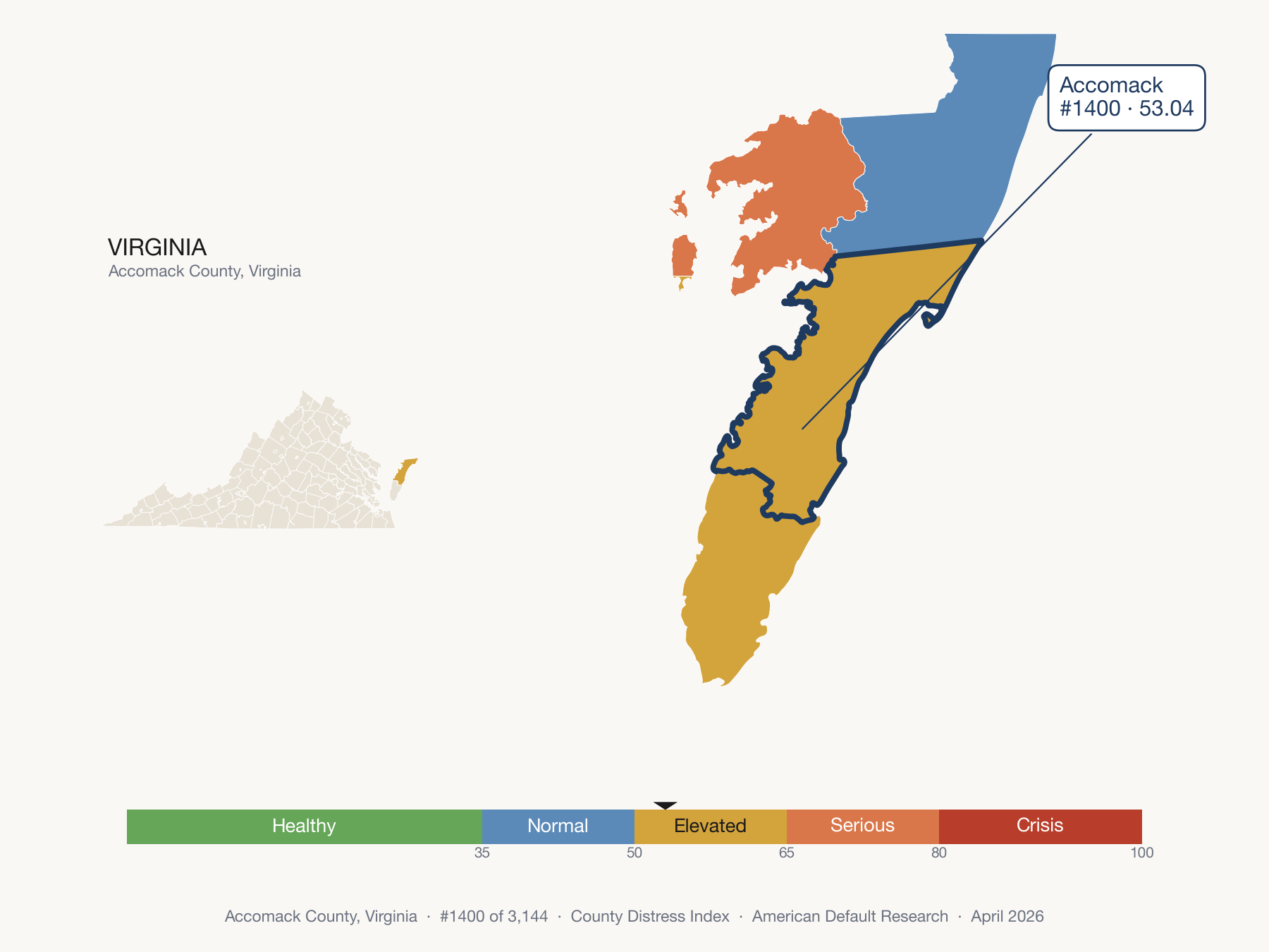 County Distress Index cluster map. Accomack County, Virginia and its neighbors colored by distress fifth.