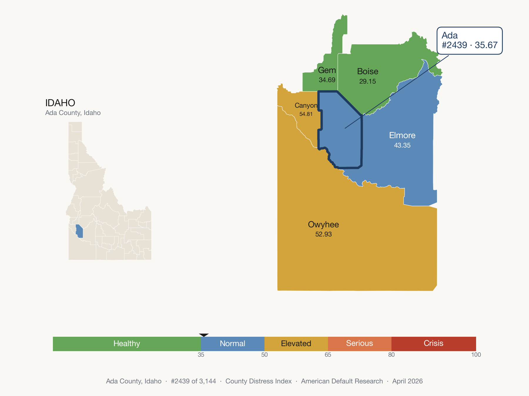 County Distress Index cluster map. Ada County, Idaho and its neighbors colored by distress fifth.