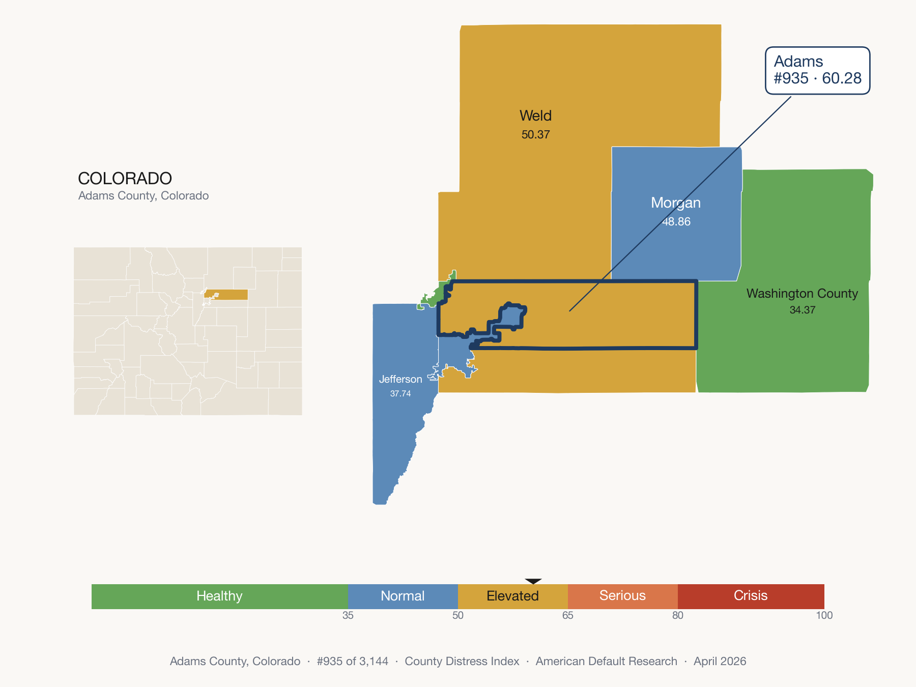 County Distress Index cluster map. Adams County, Colorado and its neighbors colored by distress fifth.