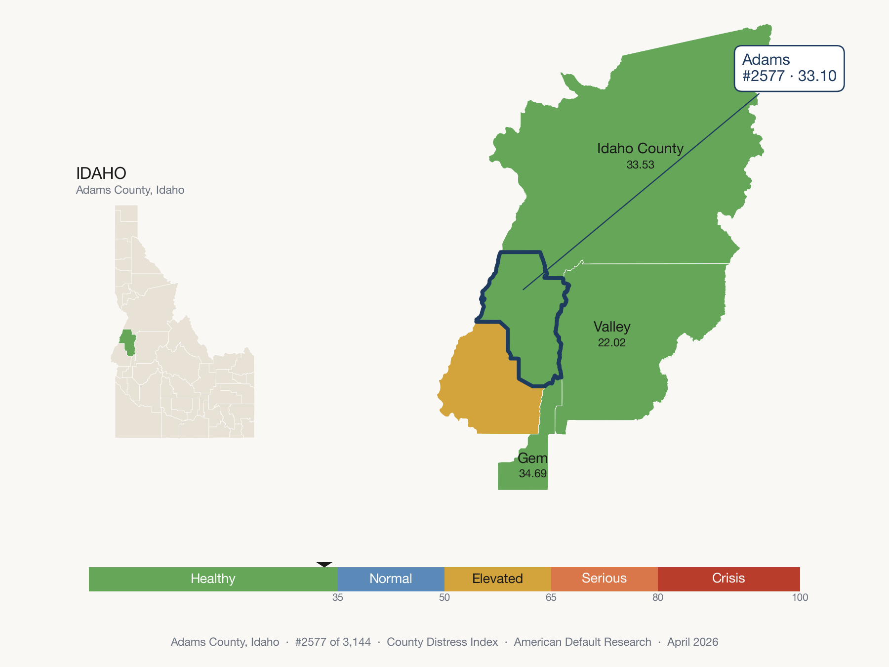 County Distress Index cluster map. Adams County, Idaho and its neighbors colored by distress fifth.