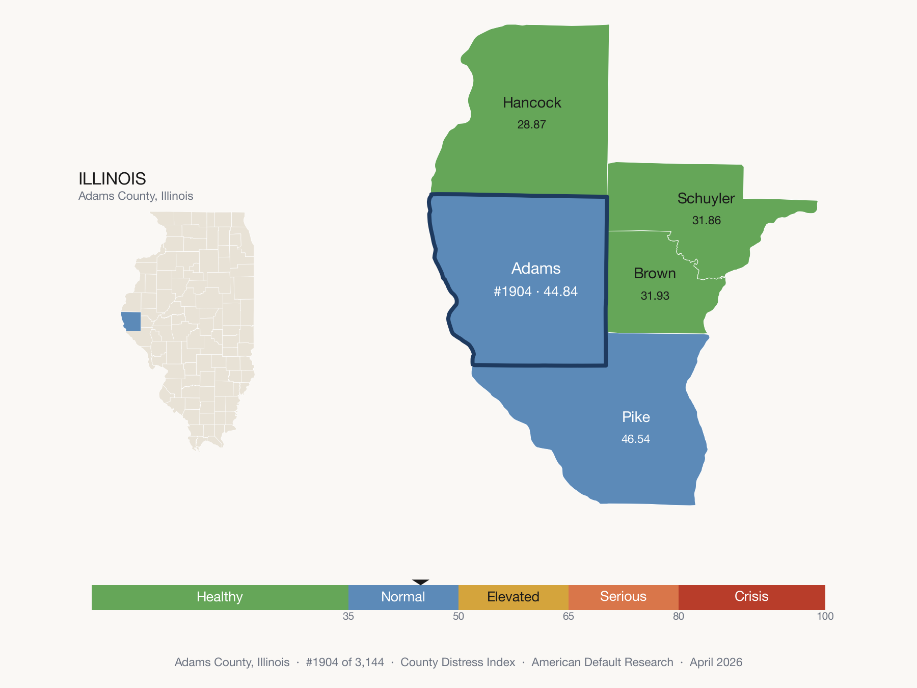 County Distress Index cluster map. Adams County, Illinois and its neighbors colored by distress fifth.