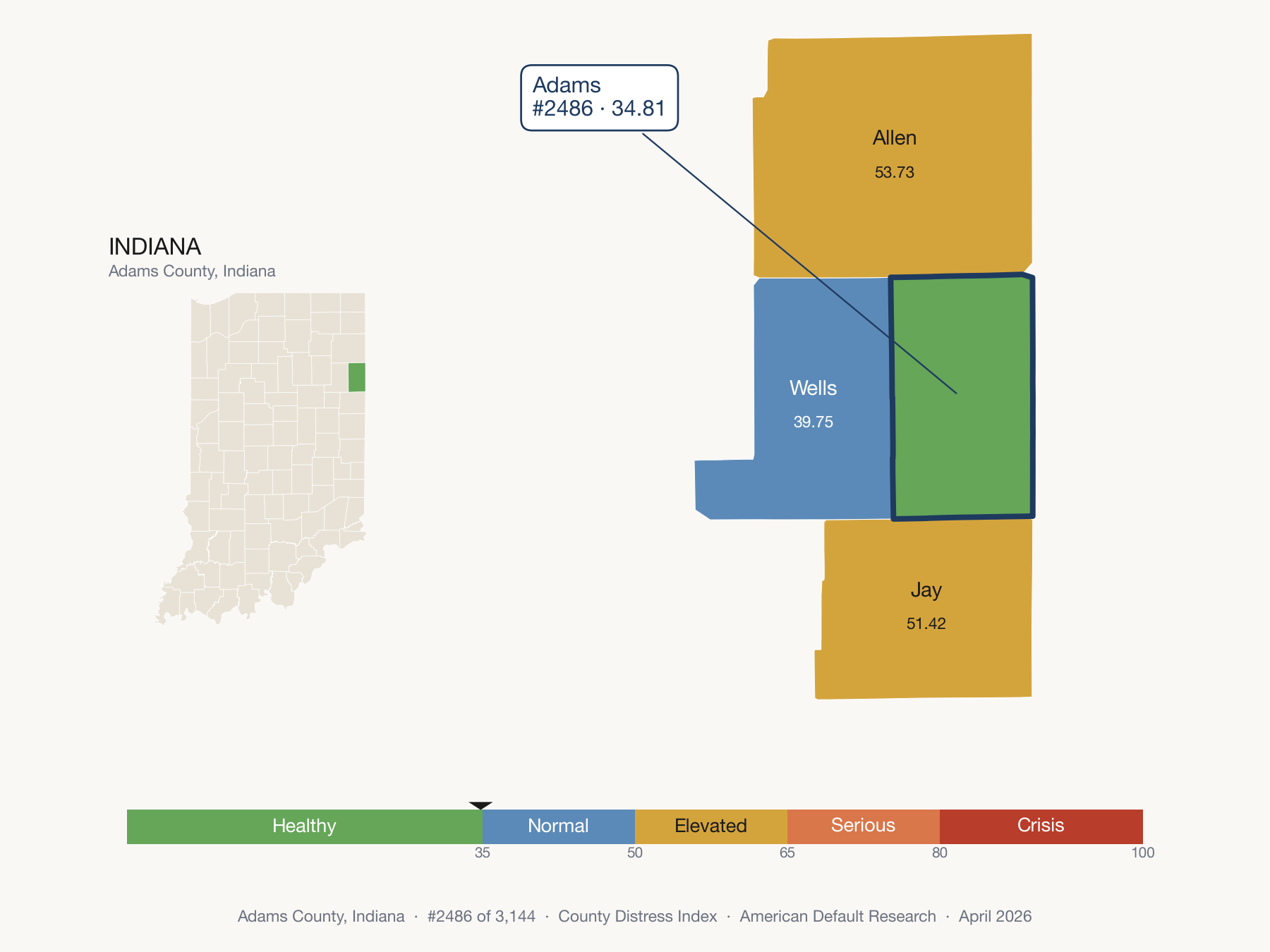 County Distress Index cluster map. Adams County, Indiana and its neighbors colored by distress fifth.