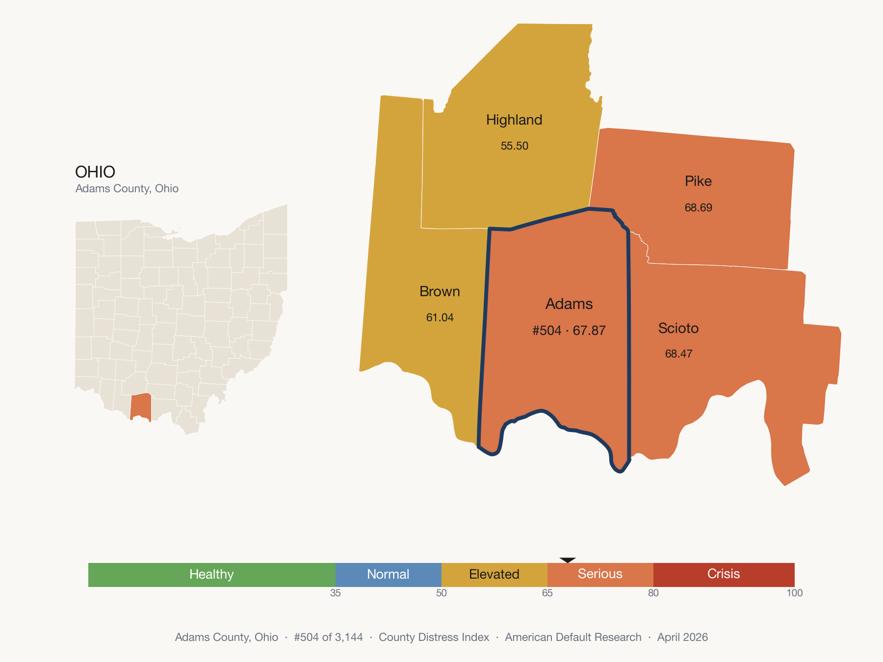 County Distress Index cluster map. Adams County, Ohio and its neighbors colored by distress fifth.