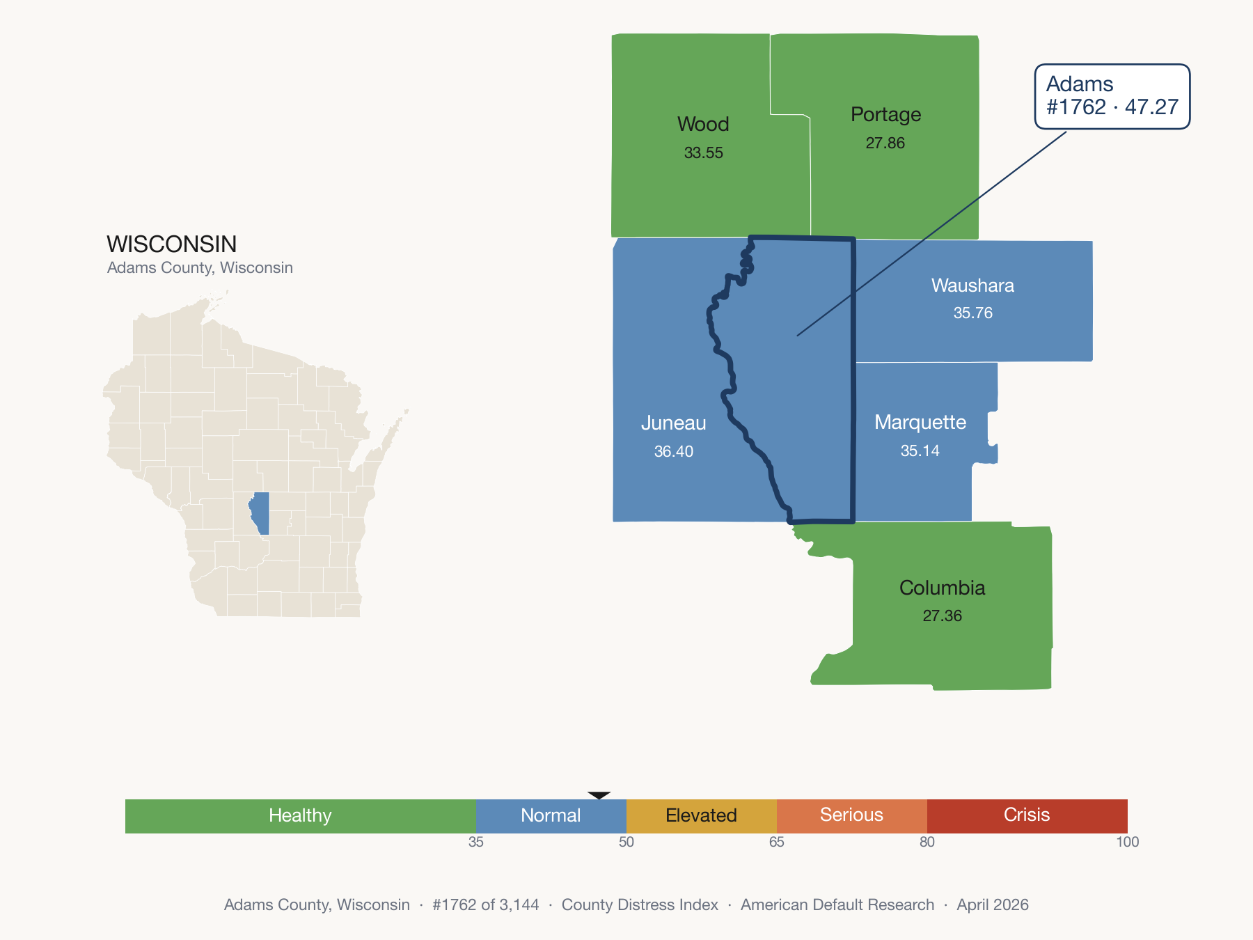 County Distress Index cluster map. Adams County, Wisconsin and its neighbors colored by distress fifth.