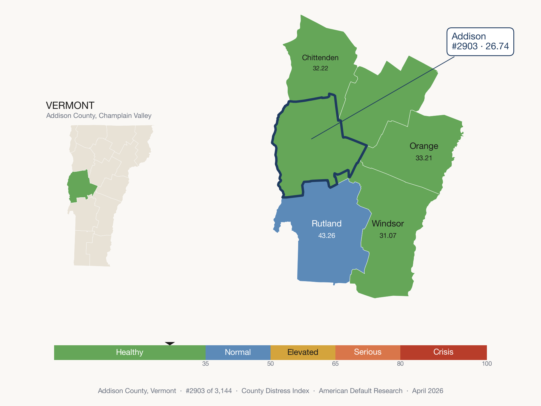 County Distress Index cluster map. Addison County, Vermont and its neighbors colored by distress fifth.