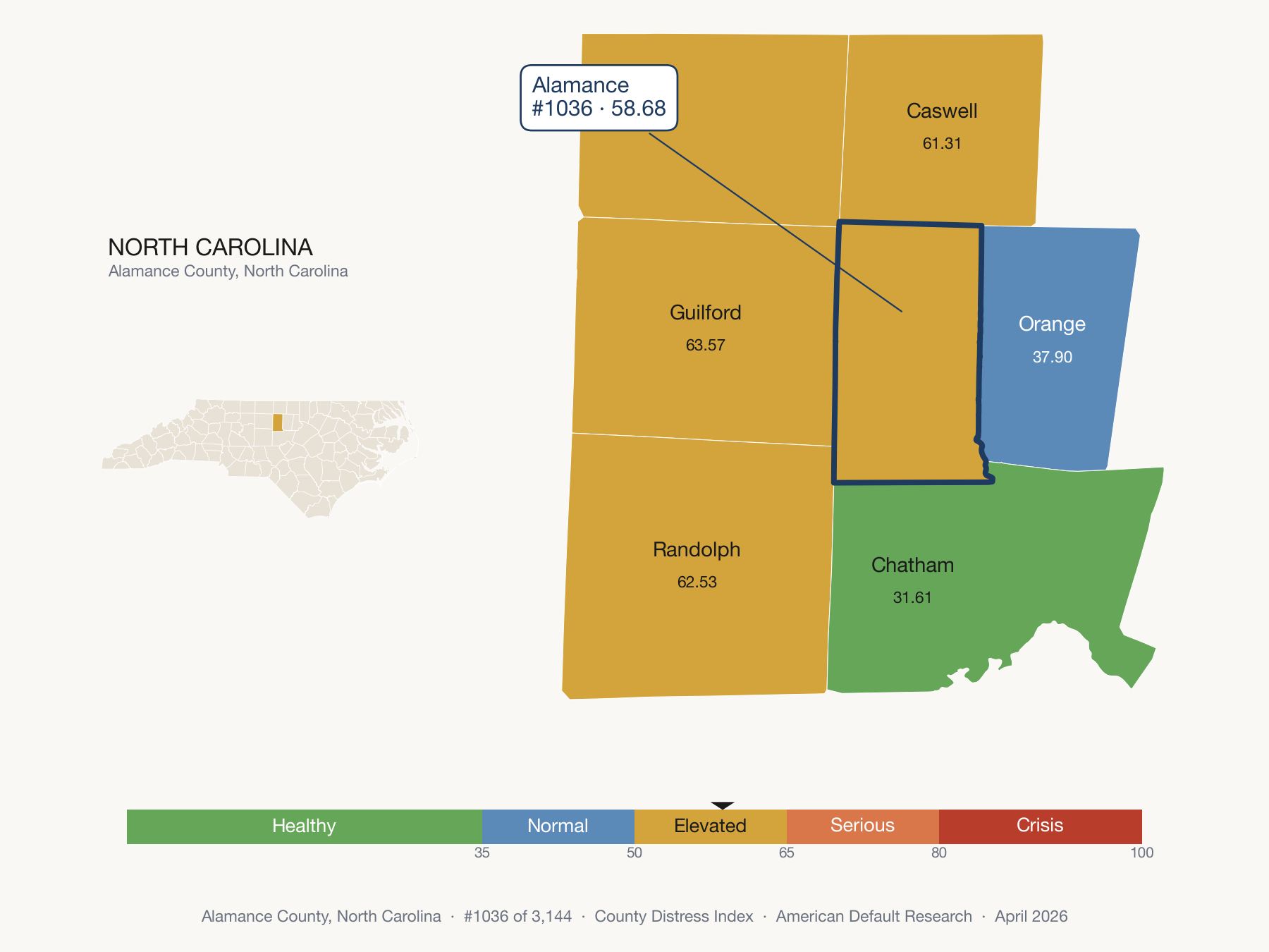 County Distress Index cluster map. Alamance County, North Carolina and its neighbors colored by distress fifth.