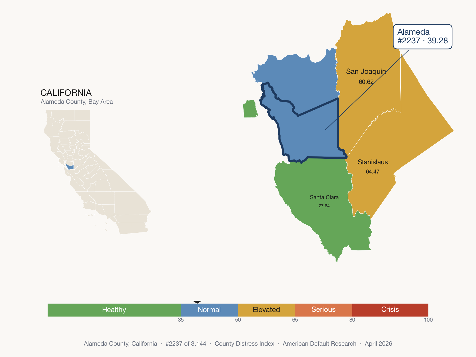 County Distress Index cluster map. Alameda County, California and its neighbors colored by distress fifth.