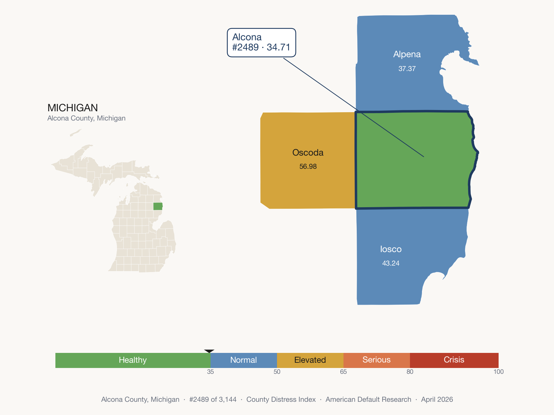 County Distress Index cluster map. Alcona County, Michigan and its neighbors colored by distress fifth.