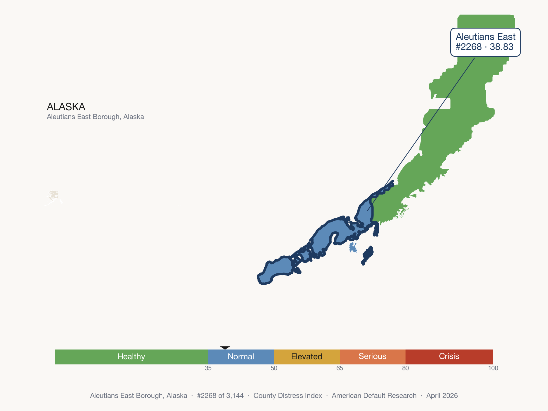 County Distress Index cluster map. Aleutians East Borough, Alaska and its neighbors colored by distress fifth.