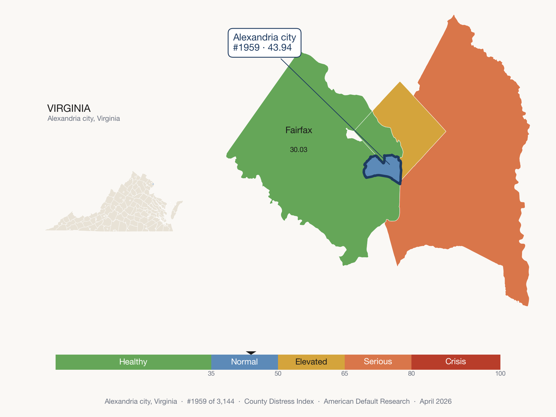 County Distress Index cluster map. Alexandria city, Virginia and its neighbors colored by distress fifth.
