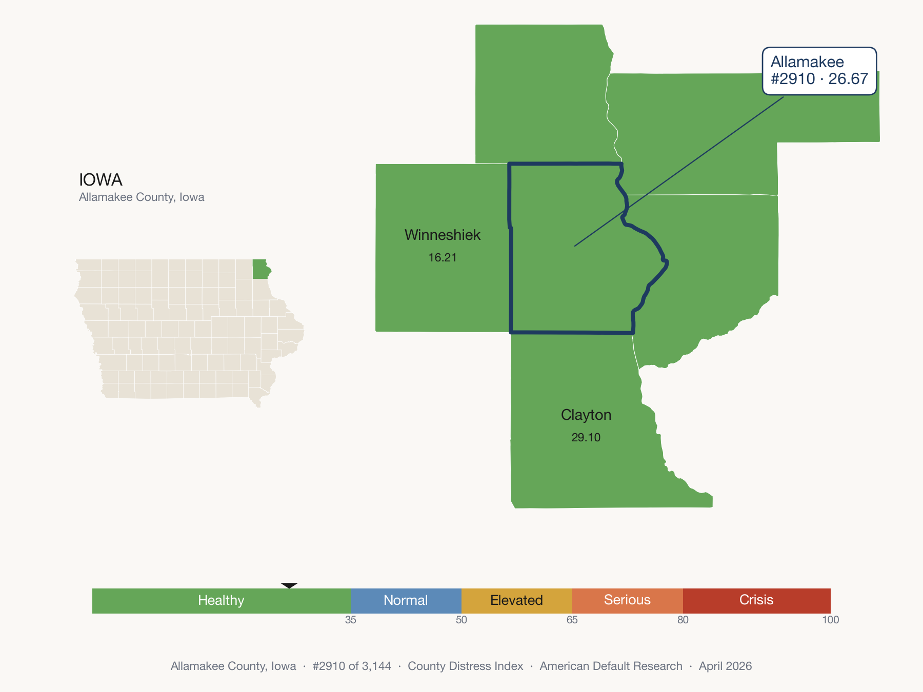 County Distress Index cluster map. Allamakee County, Iowa and its neighbors colored by distress fifth.