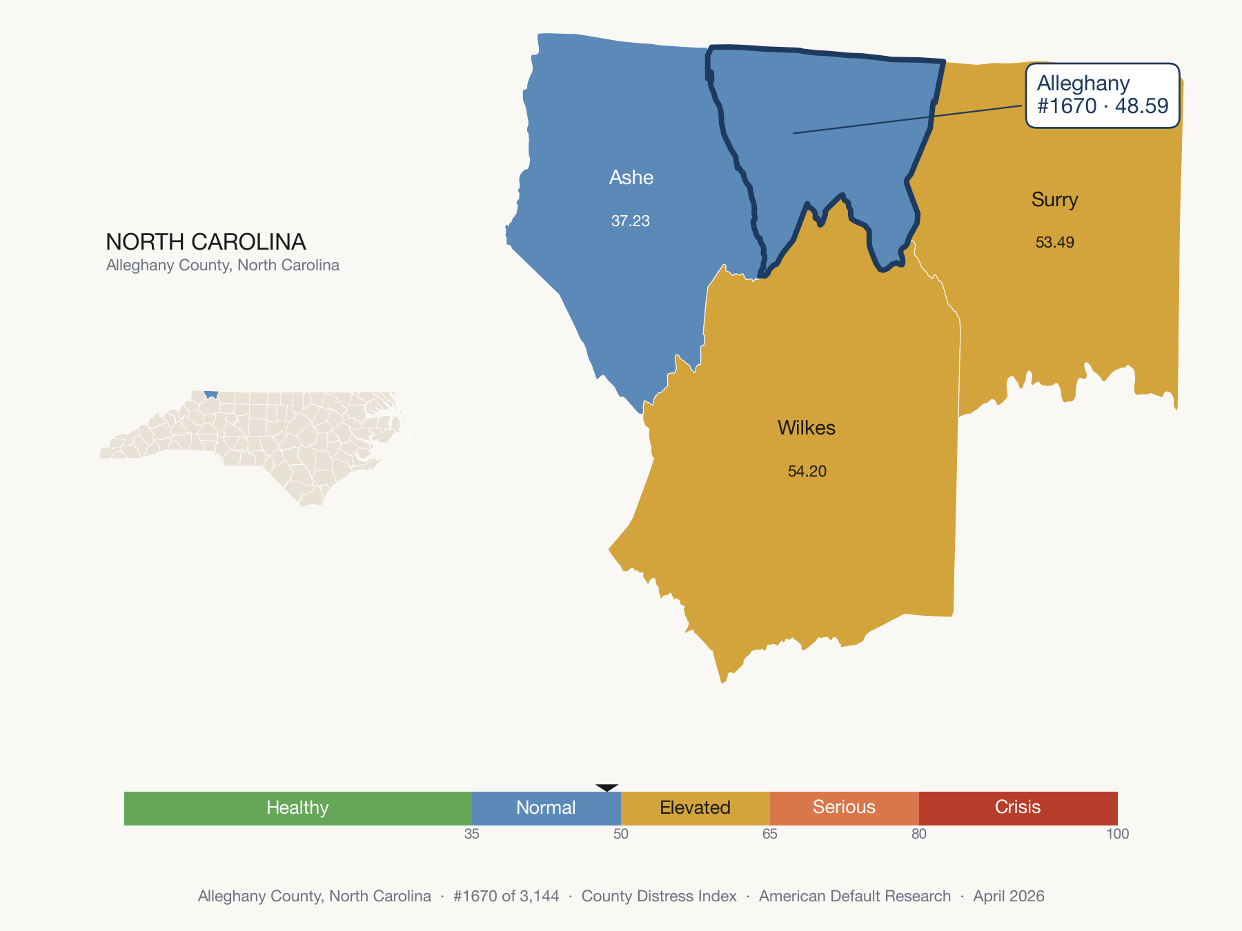 County Distress Index cluster map. Alleghany County, North Carolina and its neighbors colored by distress fifth.