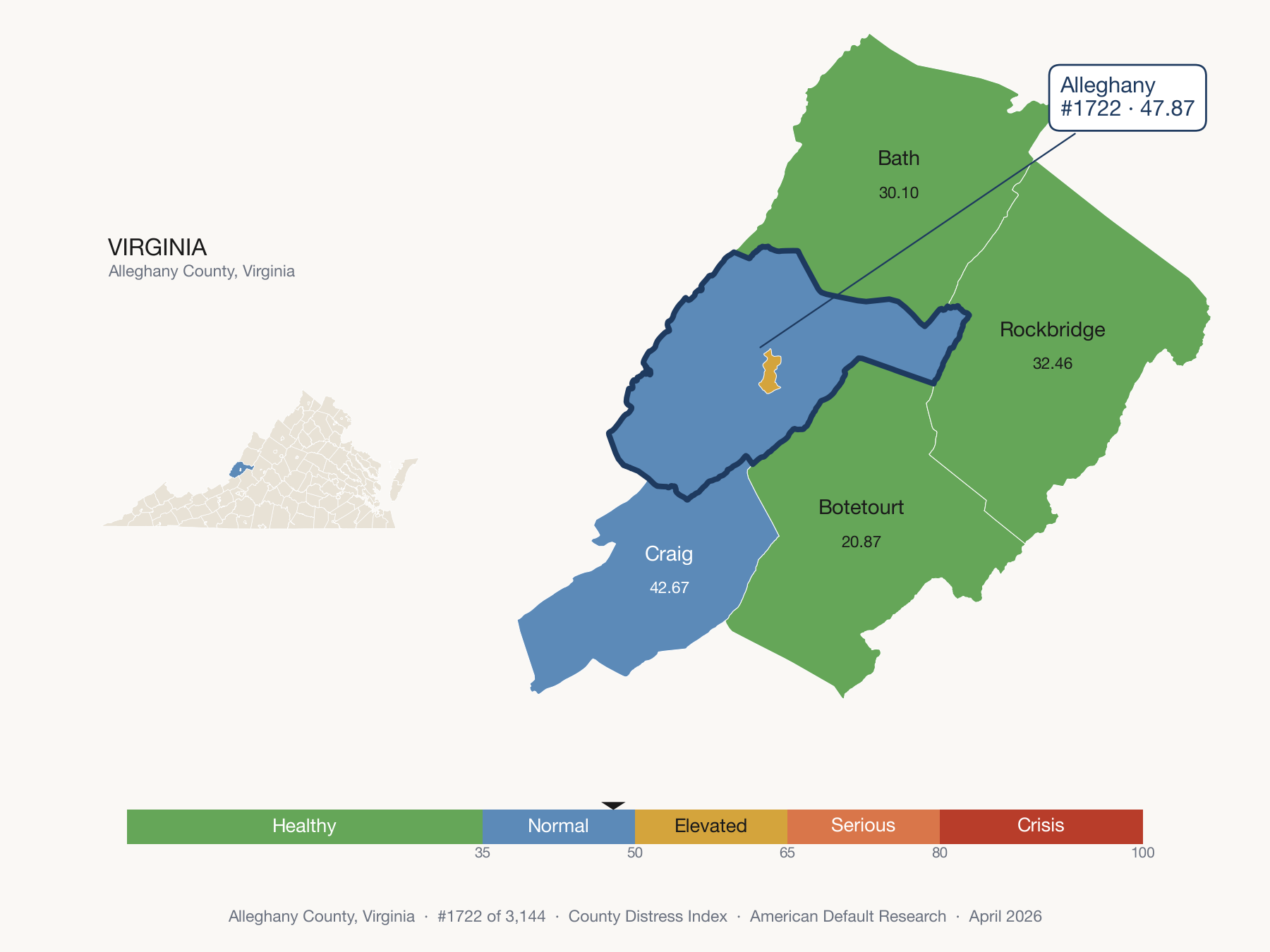 County Distress Index cluster map. Alleghany County, Virginia and its neighbors colored by distress fifth.