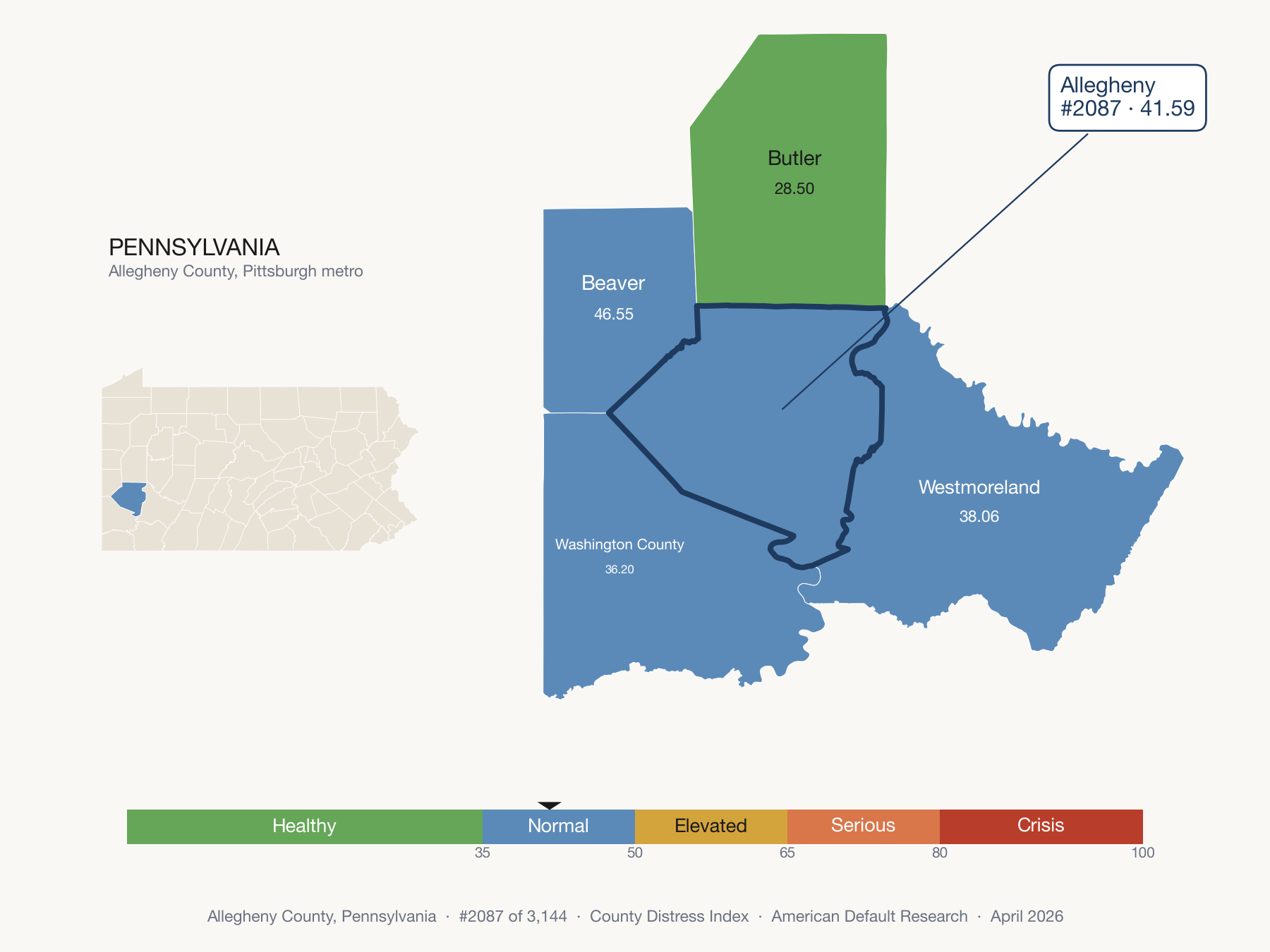 County Distress Index cluster map. Allegheny County, Pennsylvania and its neighbors colored by distress fifth.