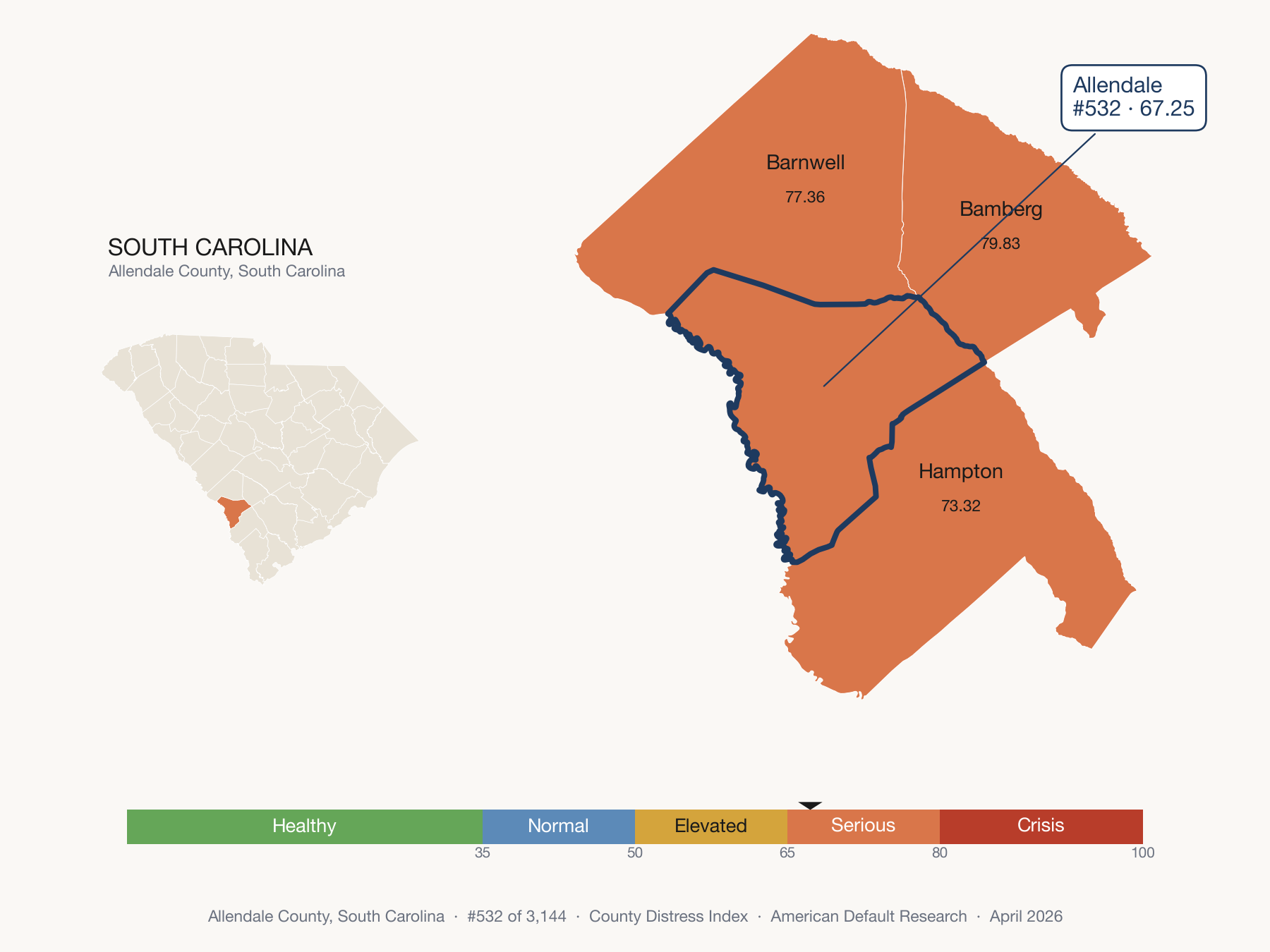 County Distress Index cluster map. Allendale County, South Carolina and its neighbors colored by distress fifth.