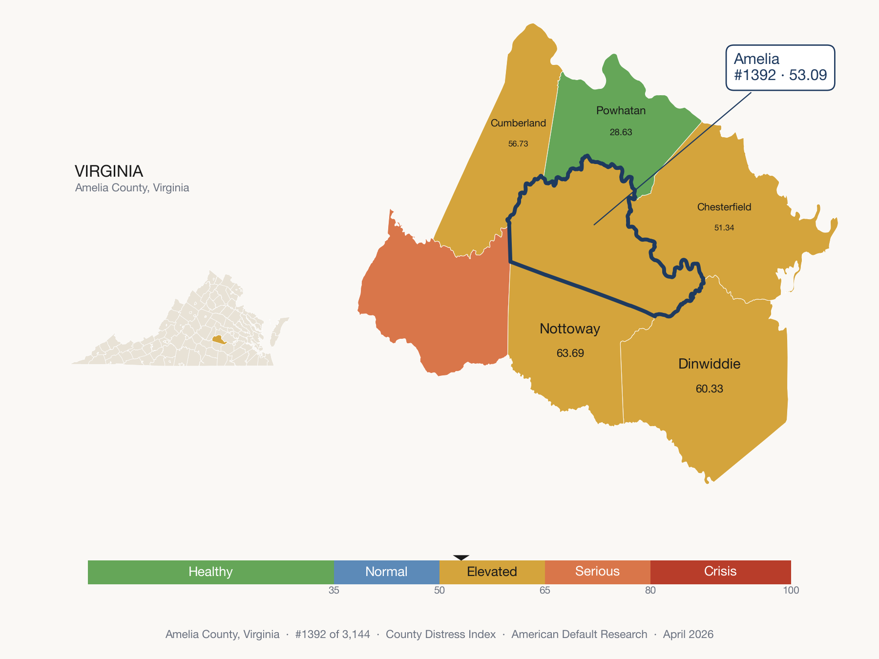 County Distress Index cluster map. Amelia County, Virginia and its neighbors colored by distress fifth.