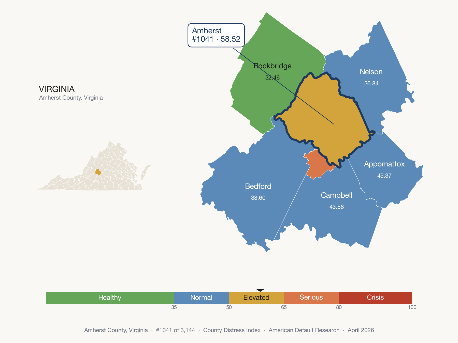 County Distress Index cluster map. Amherst County, Virginia and its neighbors colored by distress fifth.