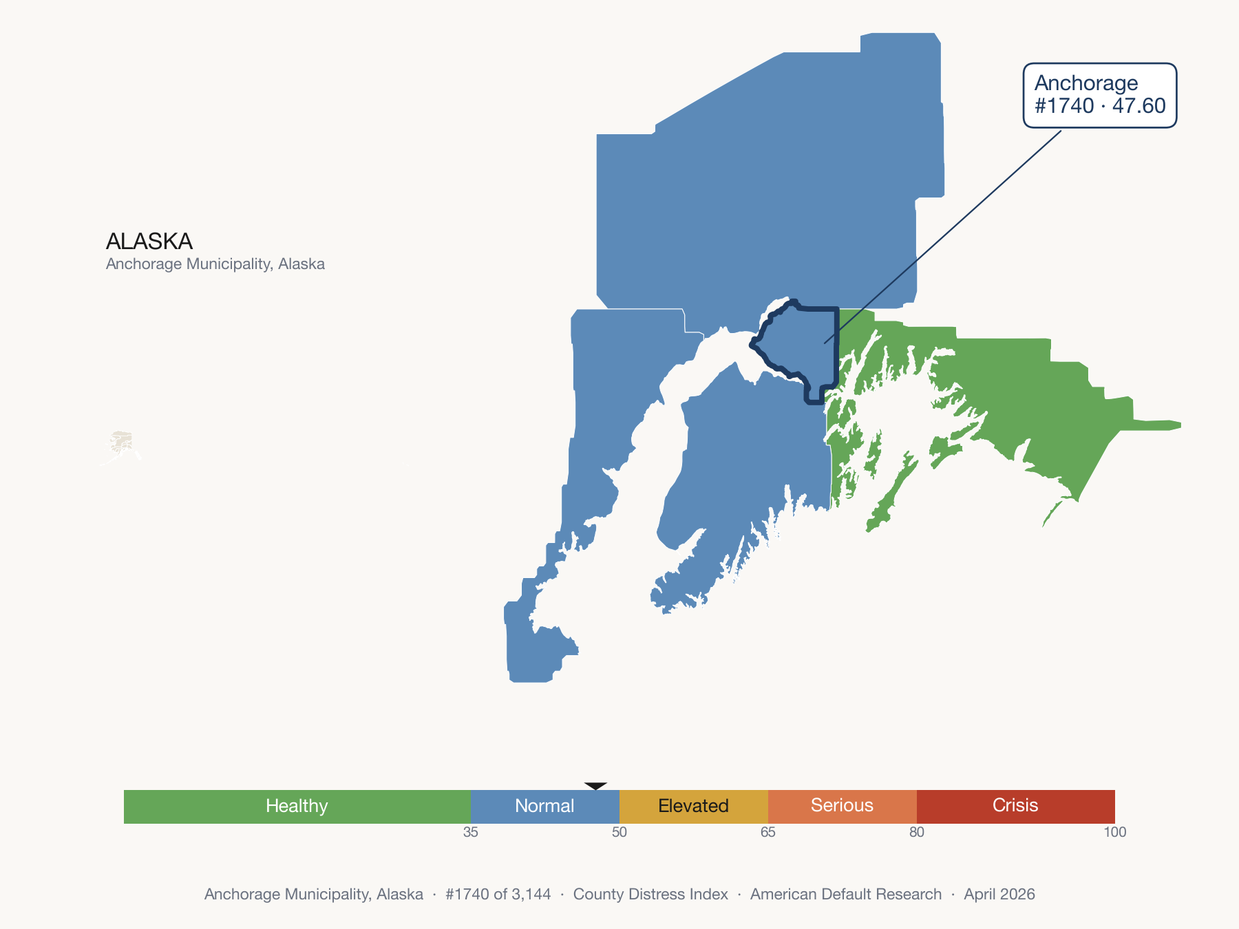 County Distress Index cluster map. Anchorage Municipality, Alaska and its neighbors colored by distress fifth.