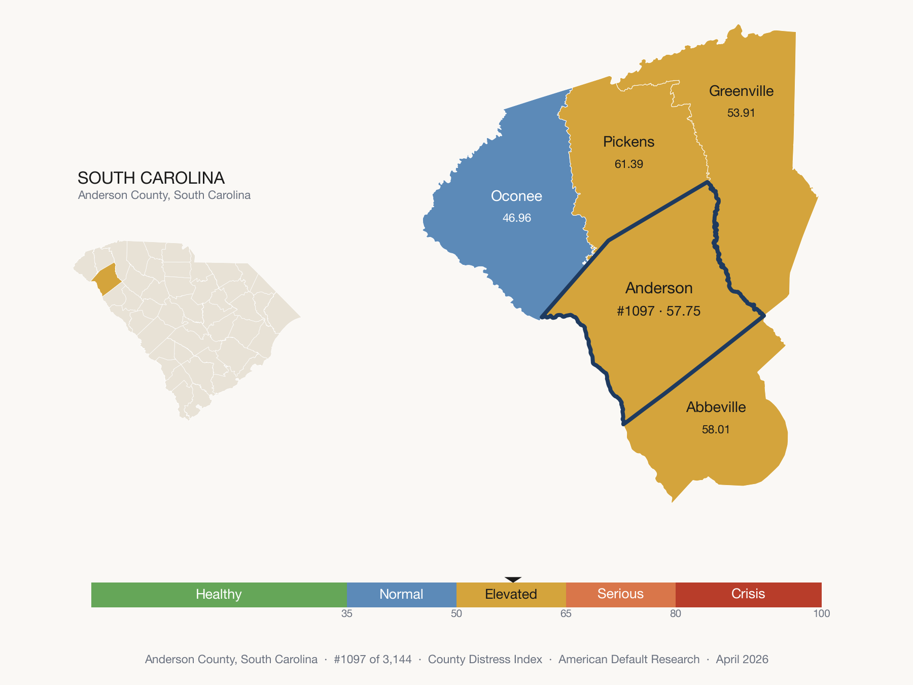 County Distress Index cluster map. Anderson County, South Carolina and its neighbors colored by distress fifth.