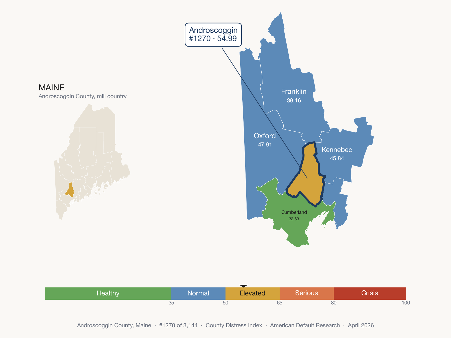 County Distress Index cluster map. Androscoggin County, Maine and its neighbors colored by distress fifth.