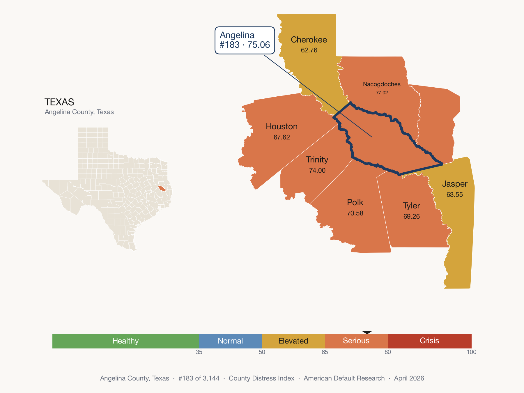 County Distress Index cluster map. Angelina County, Texas and its neighbors colored by distress fifth.