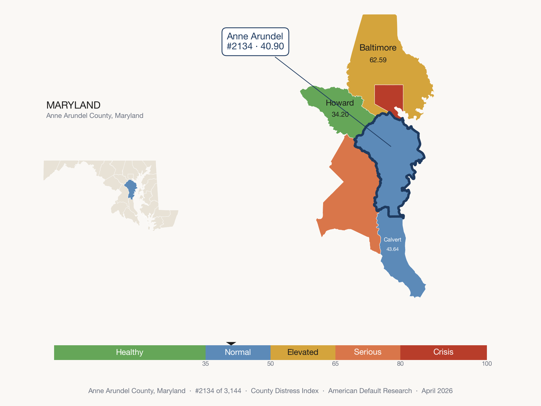 County Distress Index cluster map. Anne Arundel County, Maryland and its neighbors colored by distress fifth.