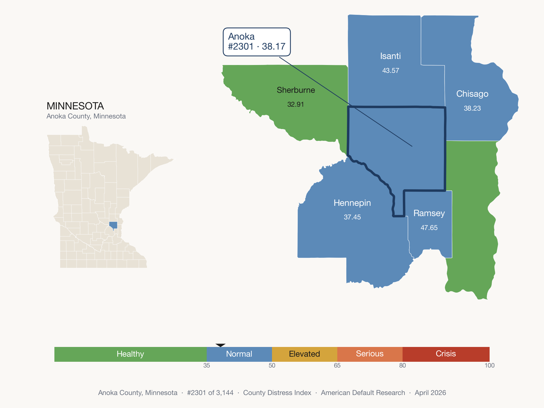 County Distress Index cluster map. Anoka County, Minnesota and its neighbors colored by distress fifth.