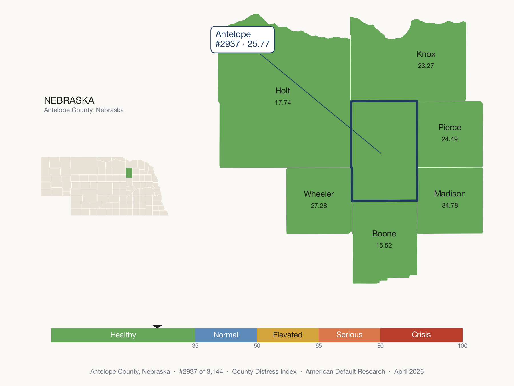 County Distress Index cluster map. Antelope County, Nebraska and its neighbors colored by distress fifth.