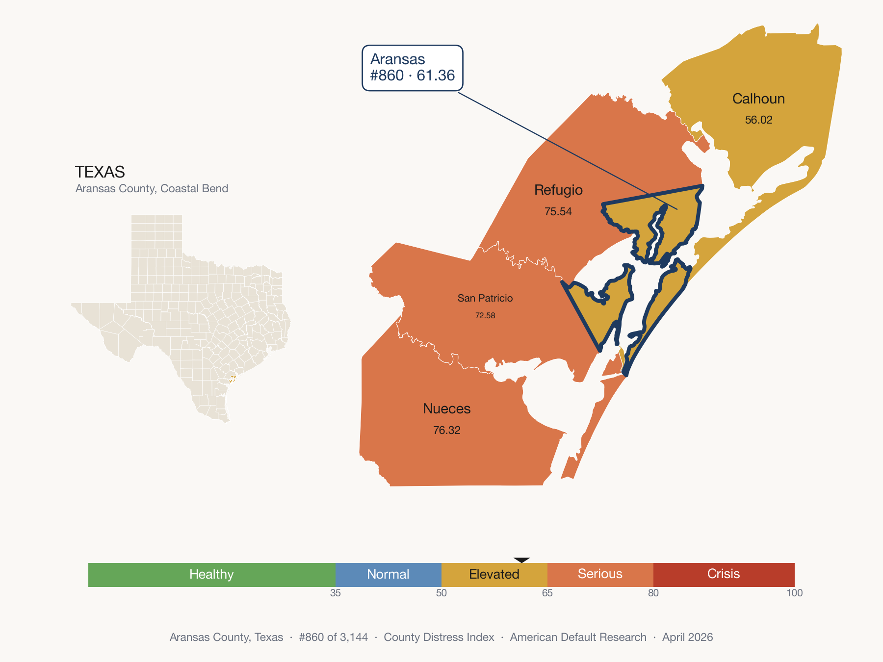 County Distress Index cluster map. Aransas County, Texas and its neighbors colored by distress fifth.