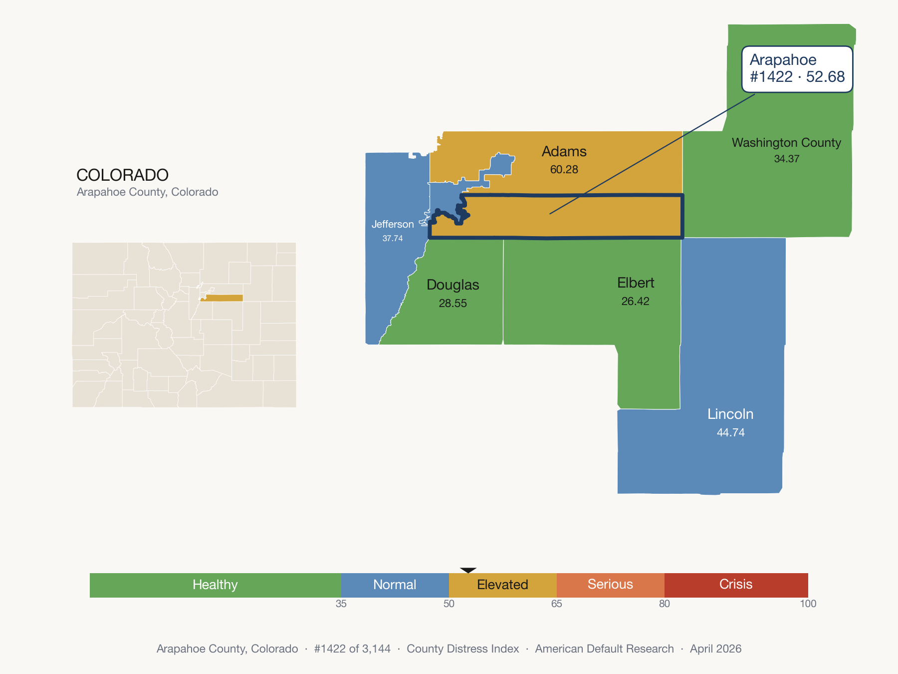 County Distress Index cluster map. Arapahoe County, Colorado and its neighbors colored by distress fifth.