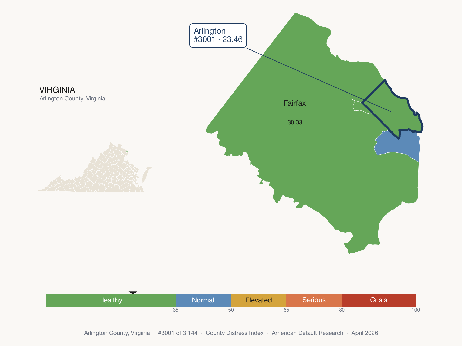 County Distress Index cluster map. Arlington County, Virginia and its neighbors colored by distress fifth.