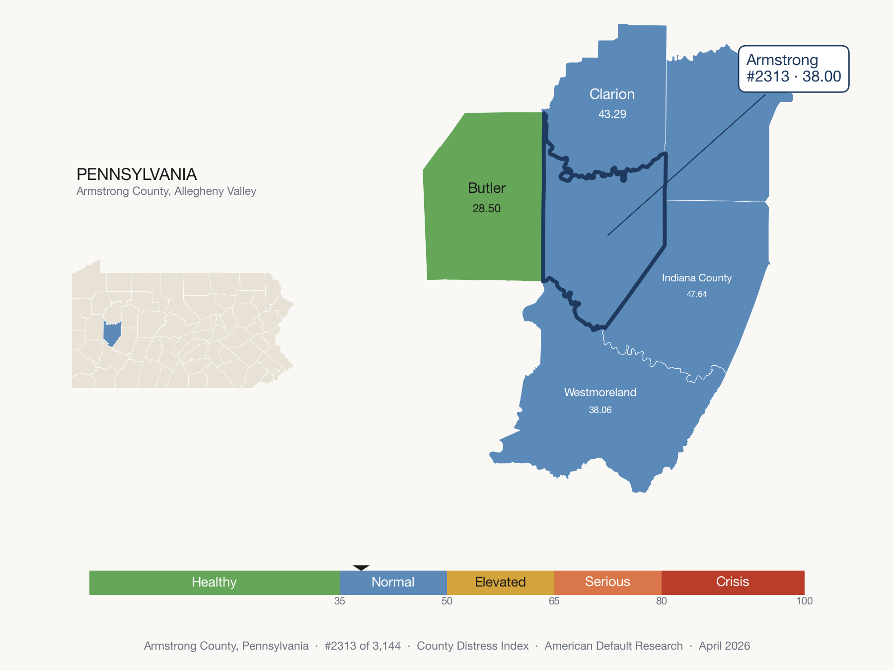 County Distress Index cluster map. Armstrong County, Pennsylvania and its neighbors colored by distress fifth.