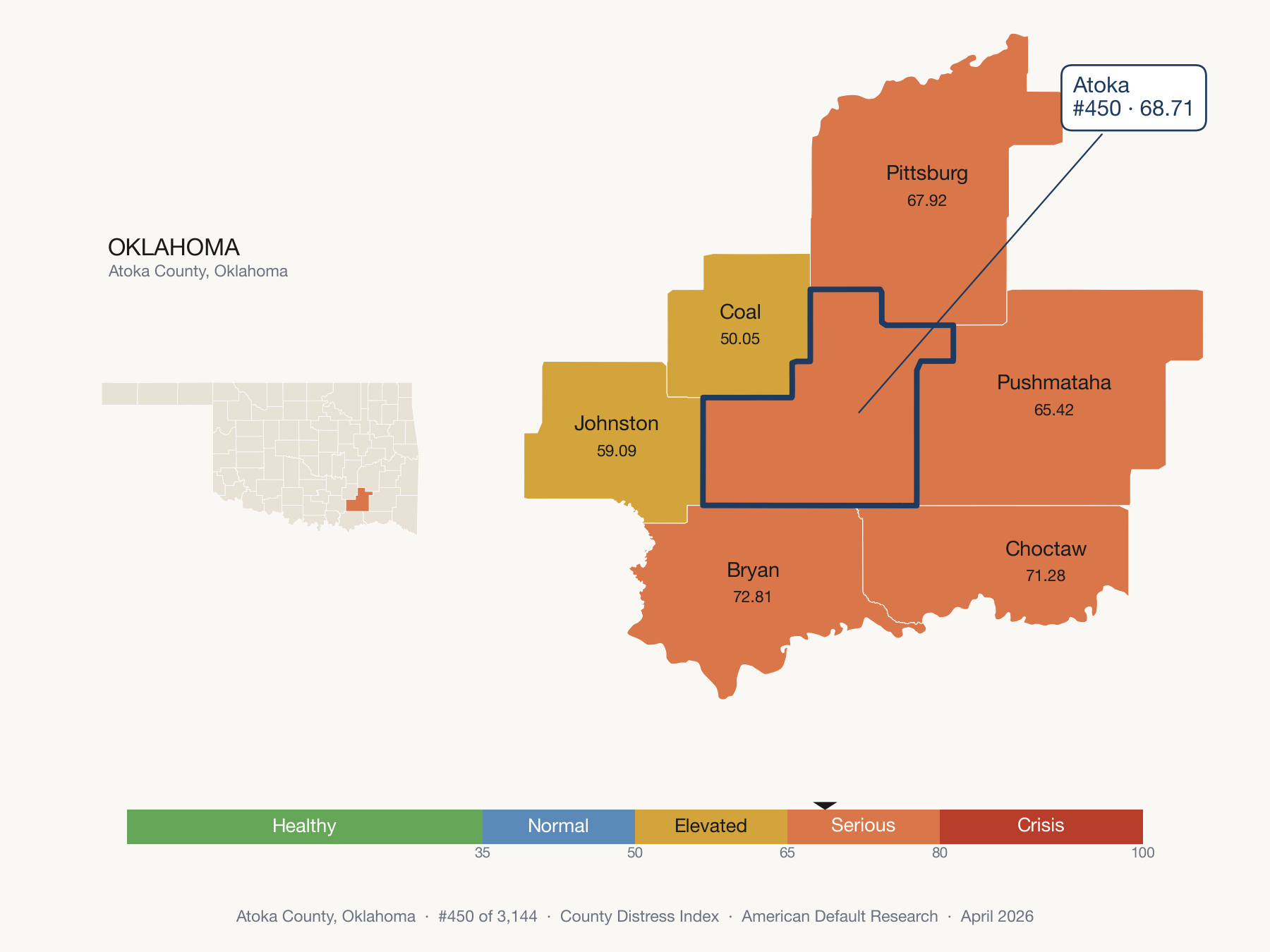 County Distress Index cluster map. Atoka County, Oklahoma and its neighbors colored by distress fifth.