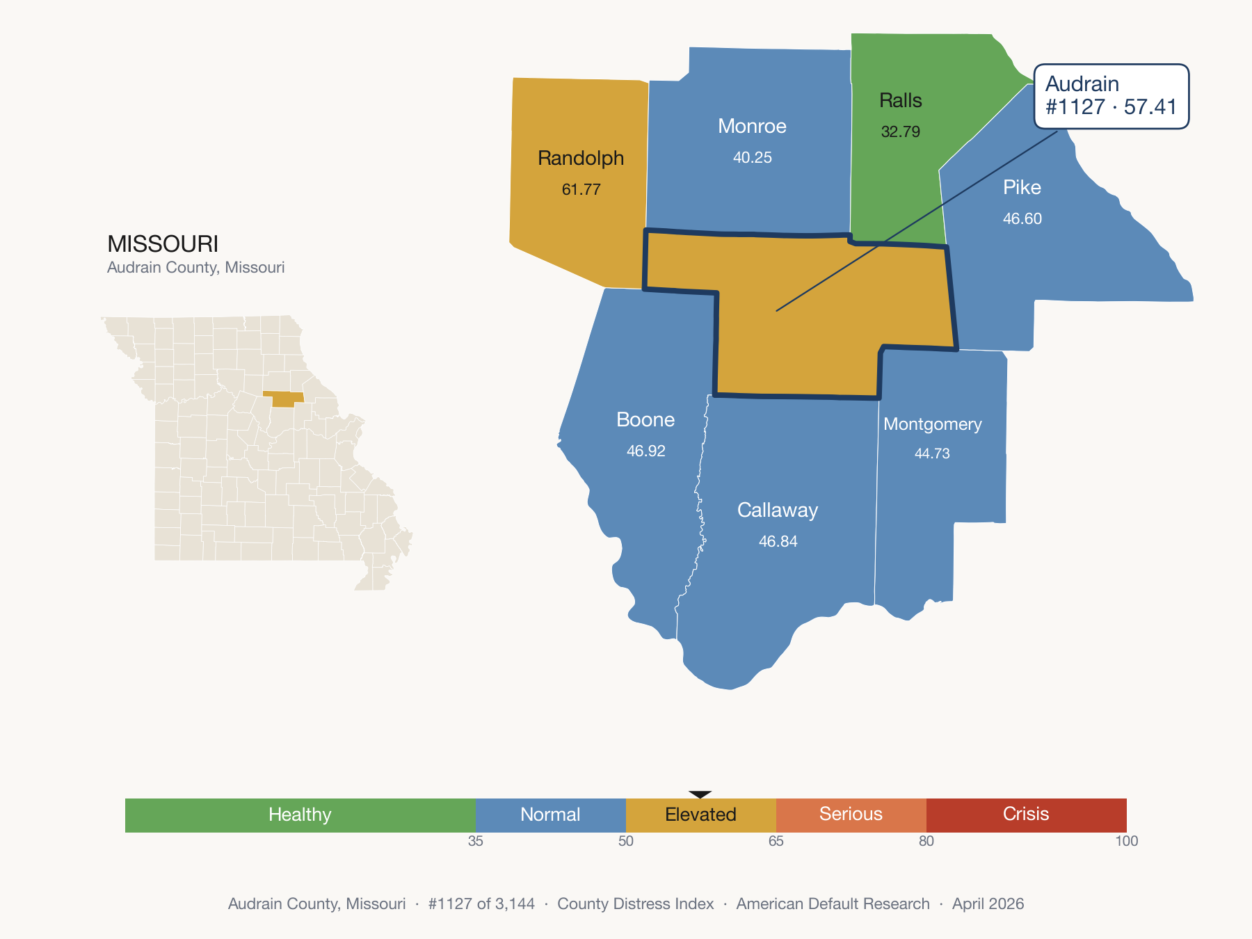 County Distress Index cluster map. Audrain County, Missouri and its neighbors colored by distress fifth.