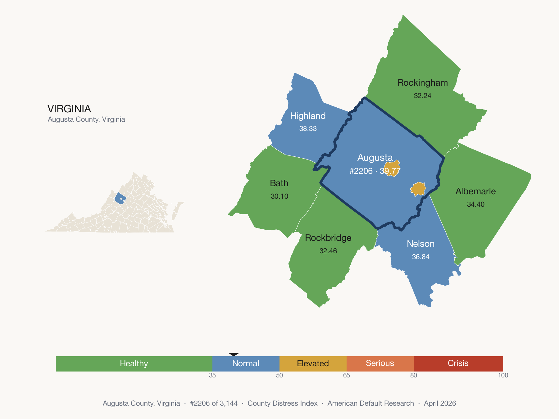County Distress Index cluster map. Augusta County, Virginia and its neighbors colored by distress fifth.