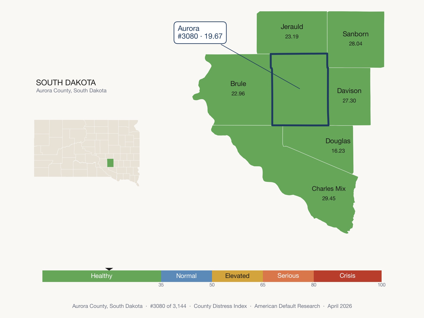 County Distress Index cluster map. Aurora County, South Dakota and its neighbors colored by distress fifth.