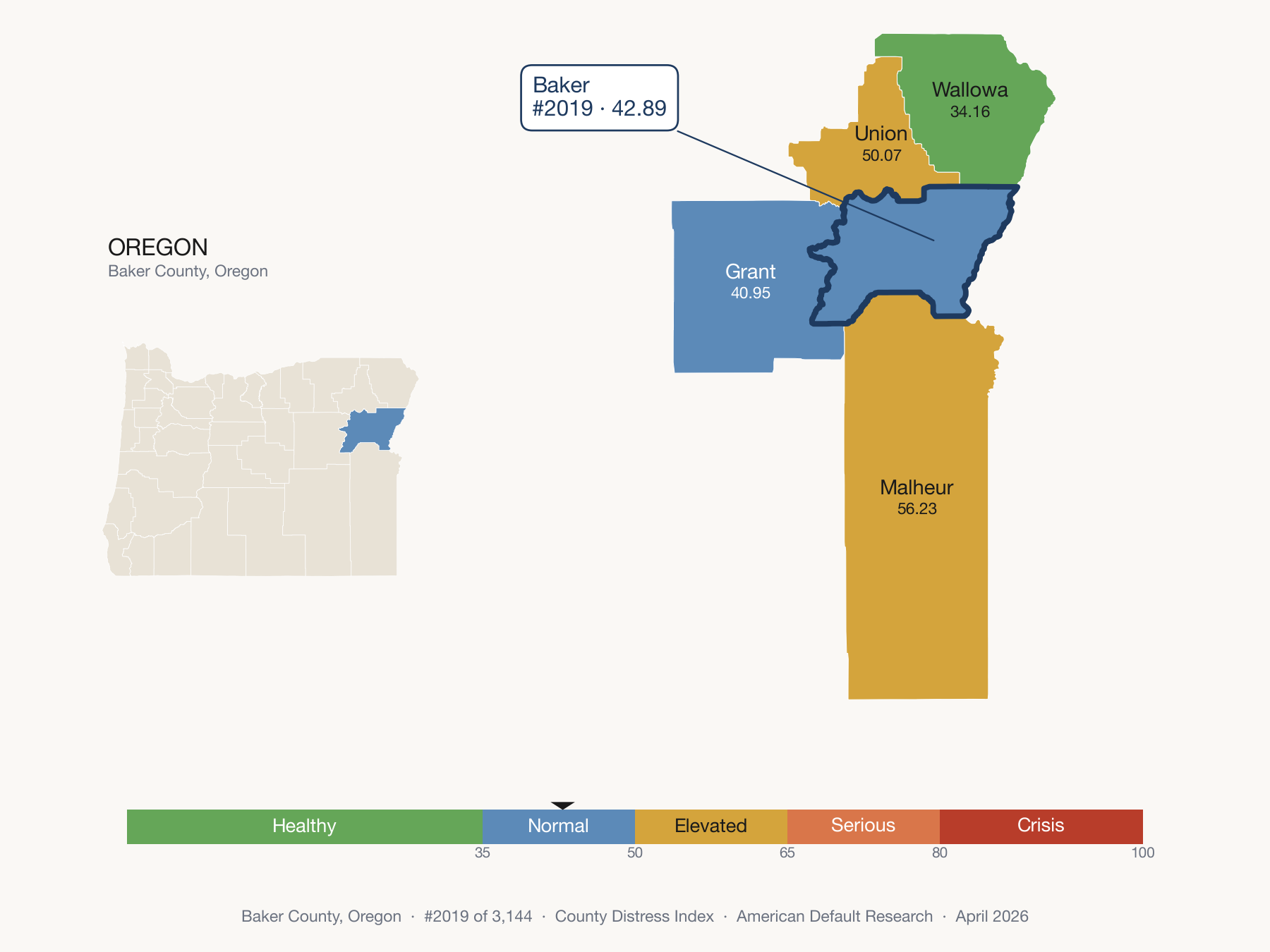 County Distress Index cluster map. Baker County, Oregon and its neighbors colored by distress fifth.