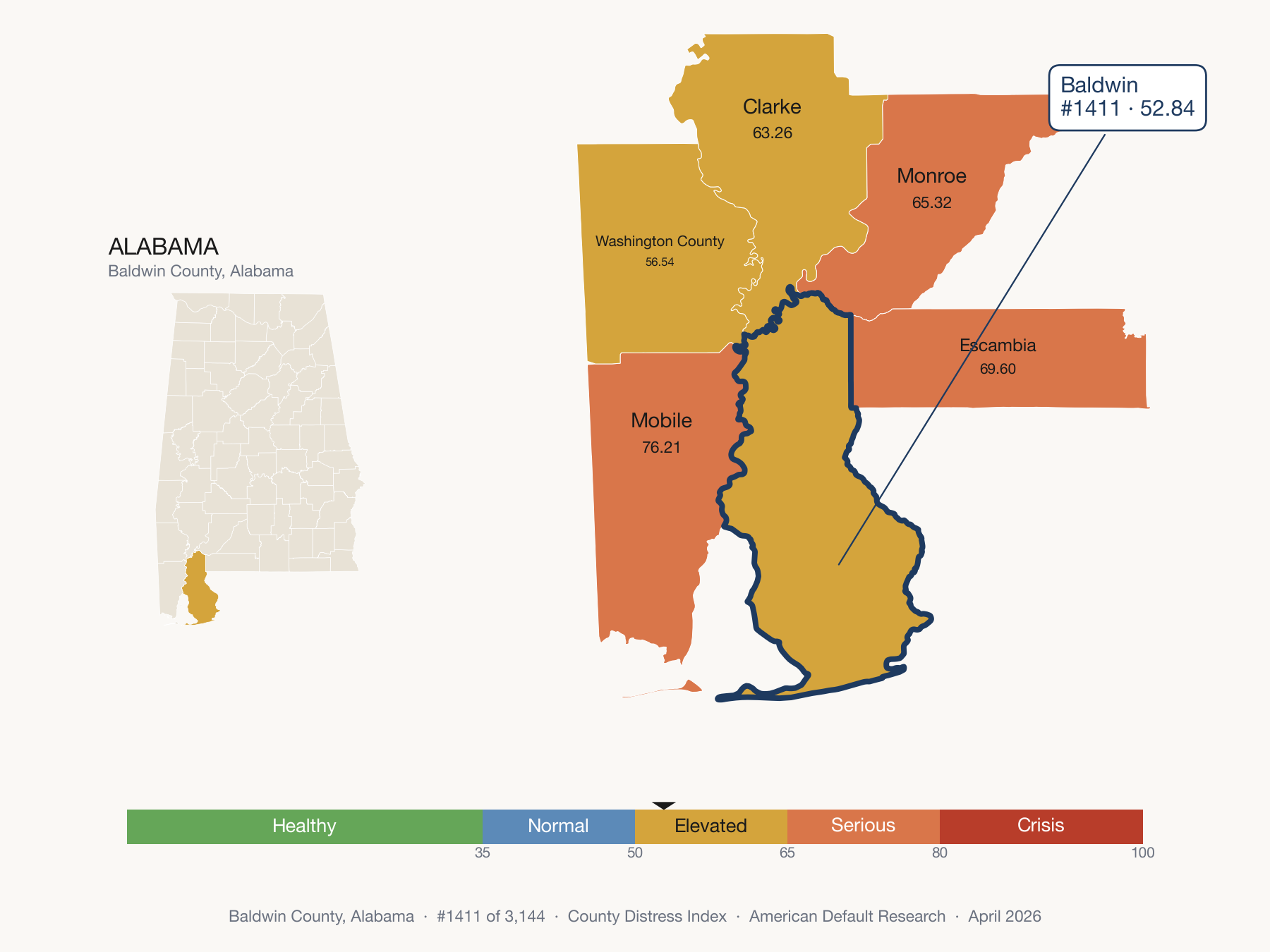 County Distress Index cluster map. Baldwin County, Alabama and its neighbors colored by distress fifth.