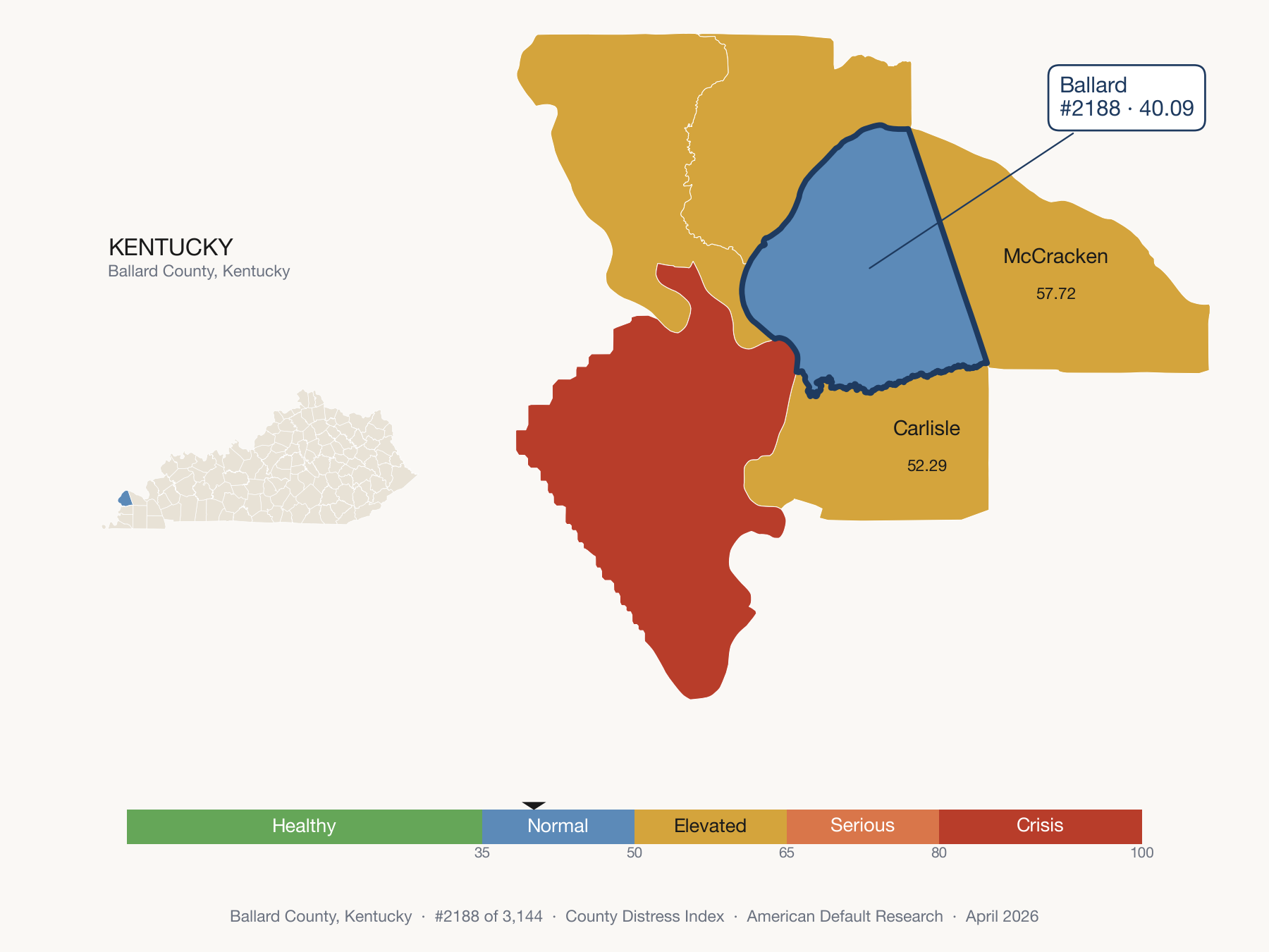 County Distress Index cluster map. Ballard County, Kentucky and its neighbors colored by distress fifth.