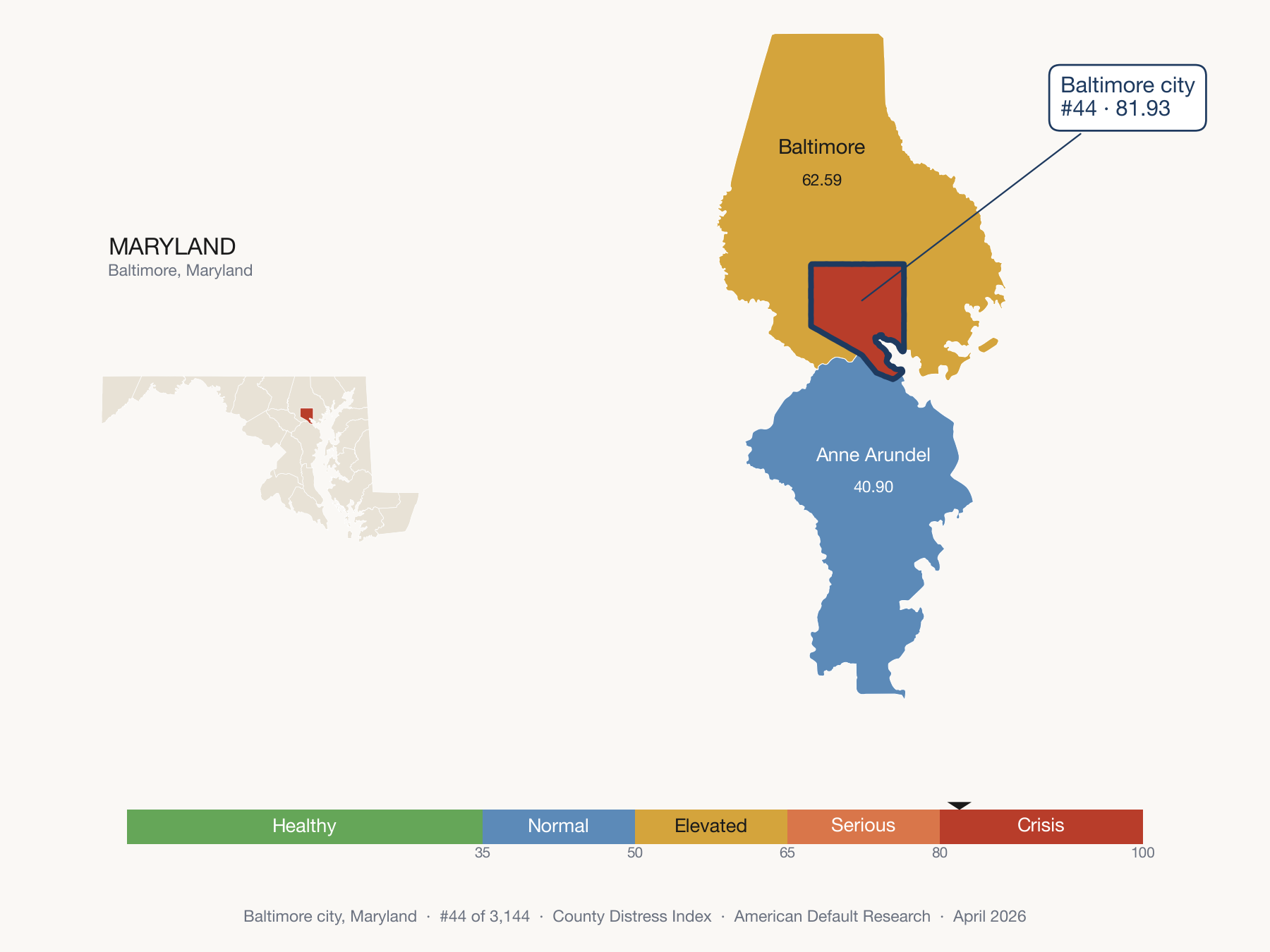 County Distress Index cluster map. Baltimore city, Maryland and its neighbors colored by distress fifth.