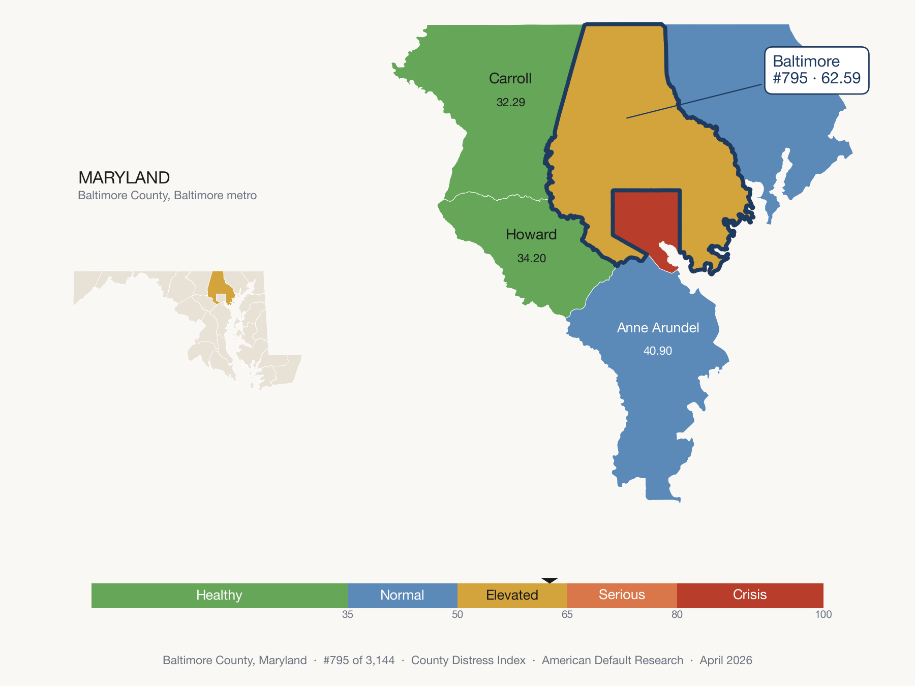 County Distress Index cluster map. Baltimore County, Maryland and its neighbors colored by distress fifth.