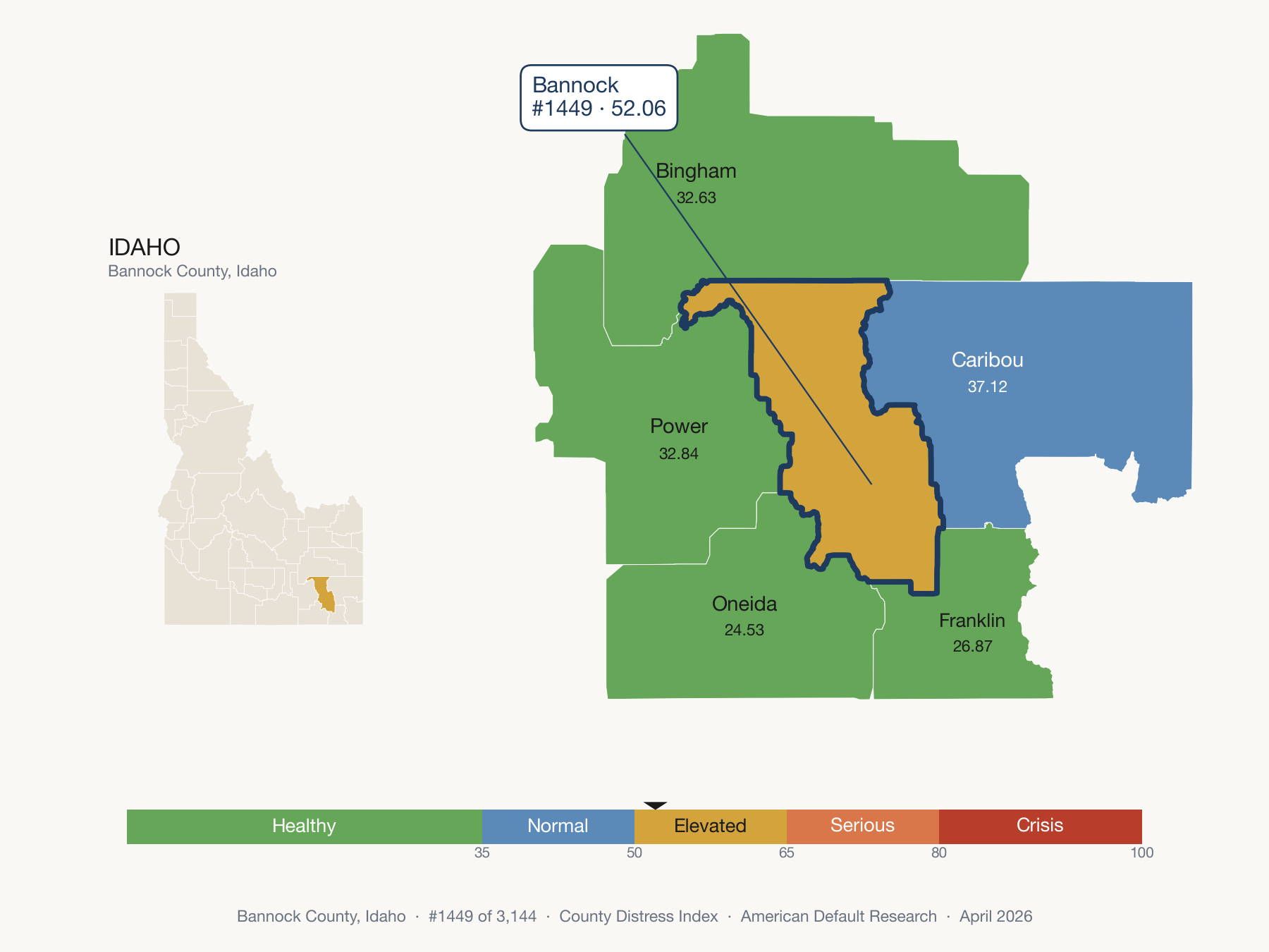County Distress Index cluster map. Bannock County, Idaho and its neighbors colored by distress fifth.