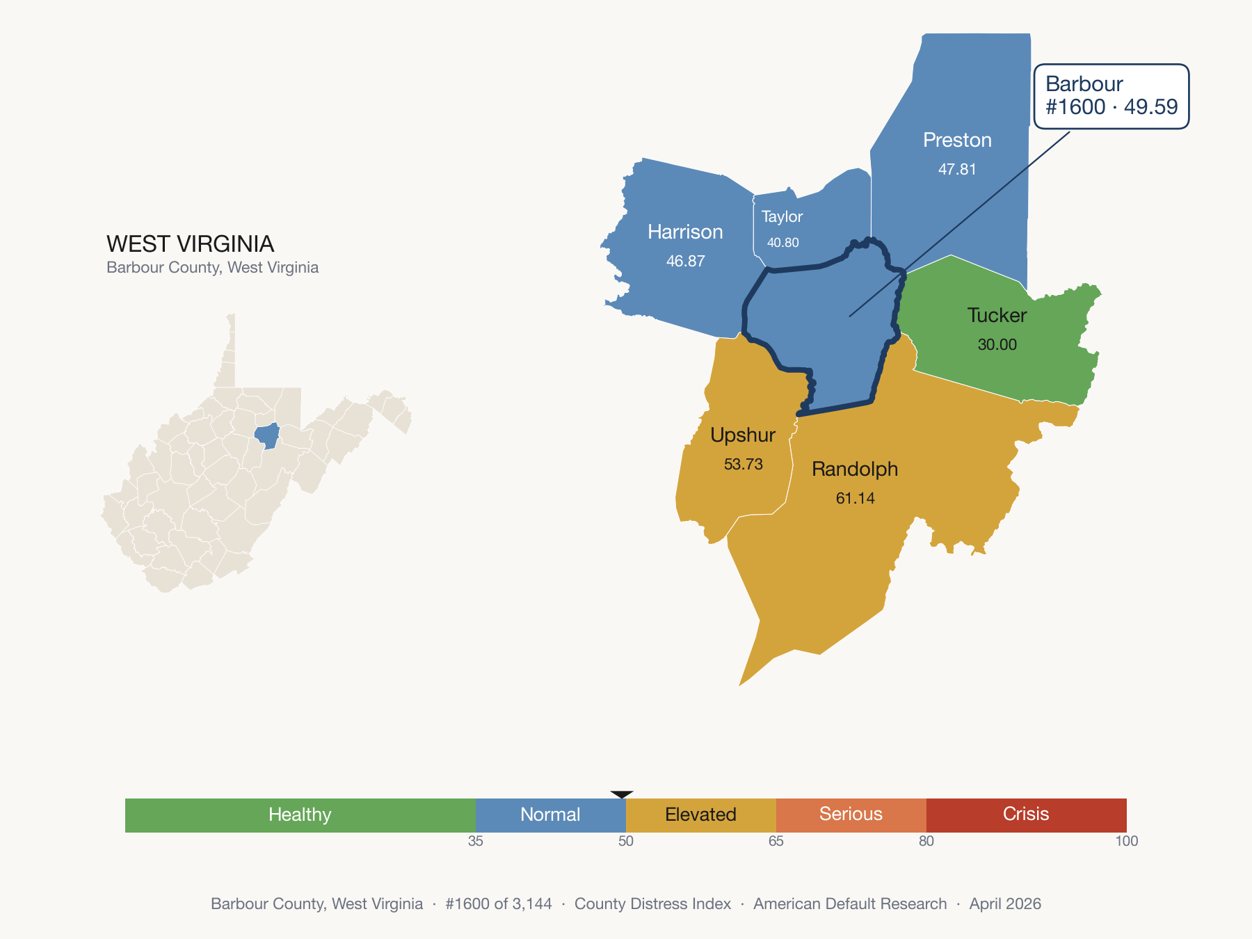 County Distress Index cluster map. Barbour County, West Virginia and its neighbors colored by distress fifth.