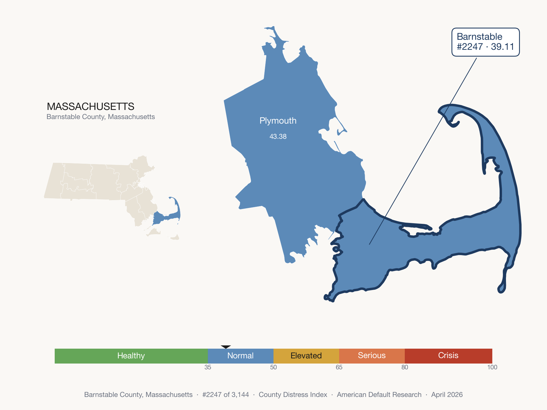 County Distress Index cluster map. Barnstable County, Massachusetts and its neighbors colored by distress fifth.