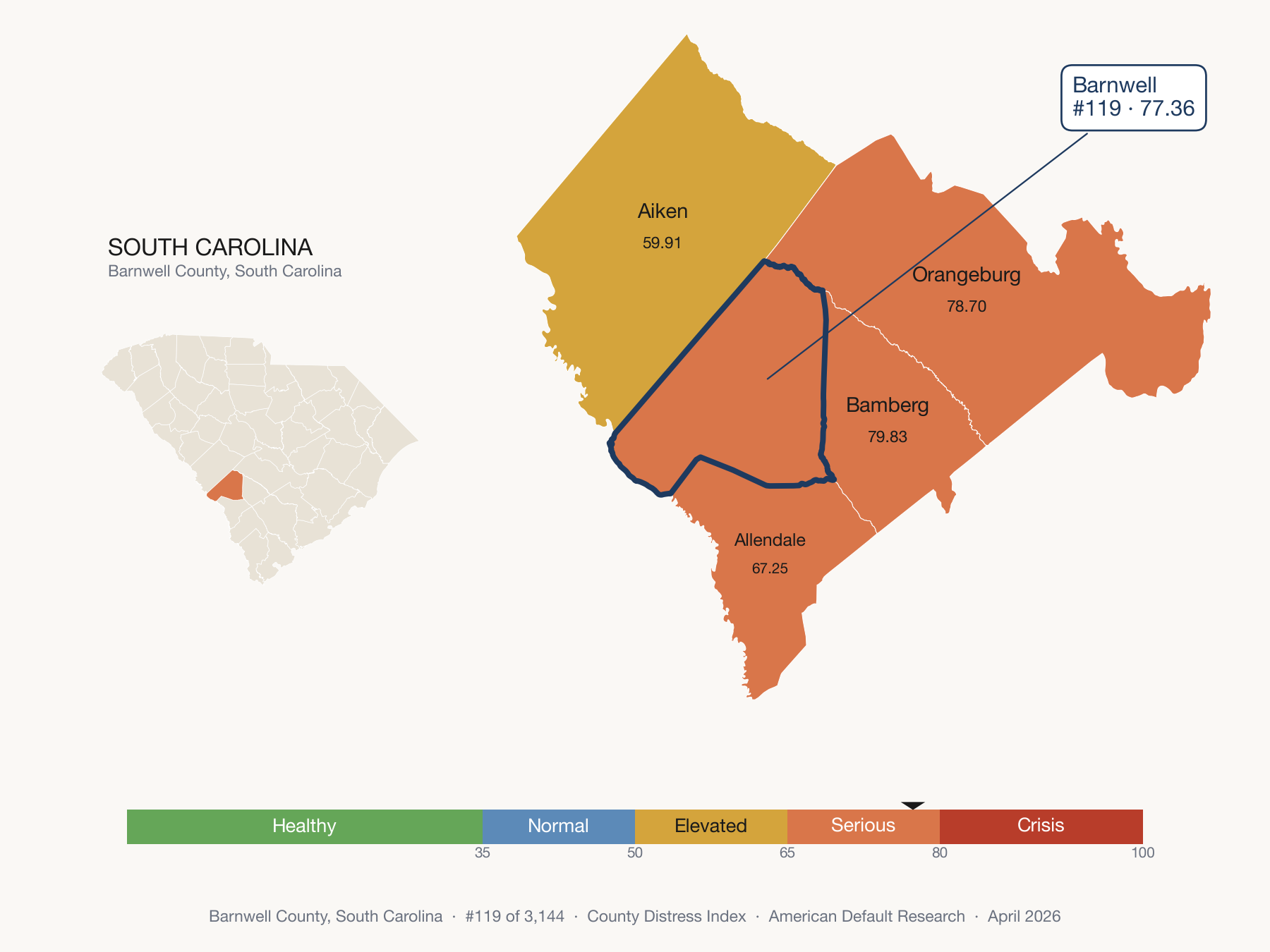 County Distress Index cluster map. Barnwell County, South Carolina and its neighbors colored by distress fifth.