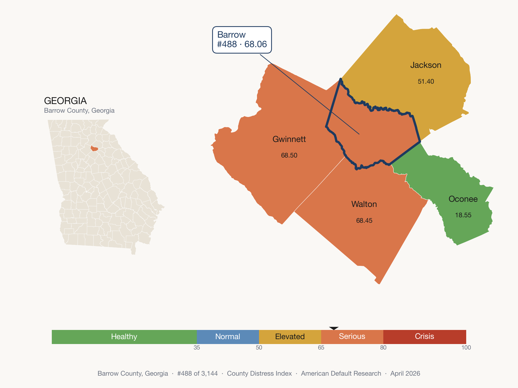 County Distress Index cluster map. Barrow County, Georgia and its neighbors colored by distress fifth.