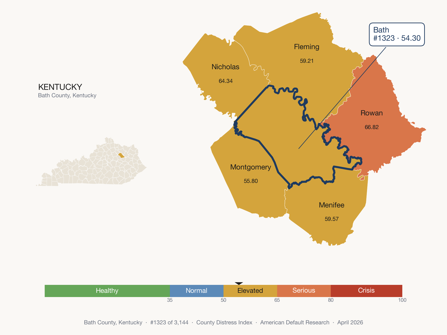 County Distress Index cluster map. Bath County, Kentucky and its neighbors colored by distress fifth.